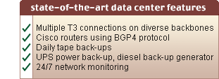 Multiple T3 connections on diverse backbones, Cisco routers using BGP4 protocol, Daily tape back-ups, UPS power back-up, diesel back-up generator, 24/7 network monitoring